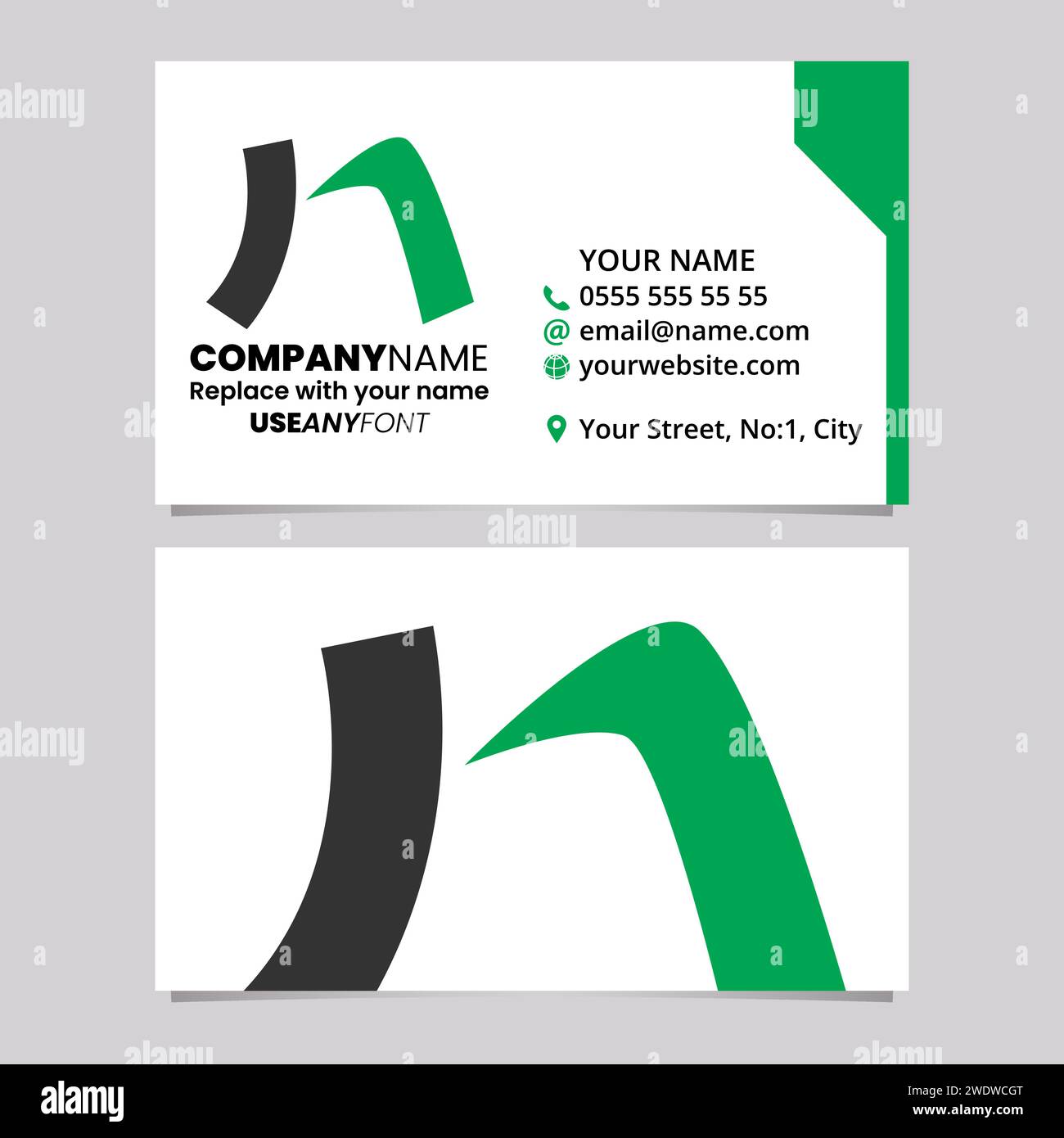 Green and Black Business Card Template with Curved Rectangle Shaped Letter N Logo Icon Over a Light Grey Background Stock Vector