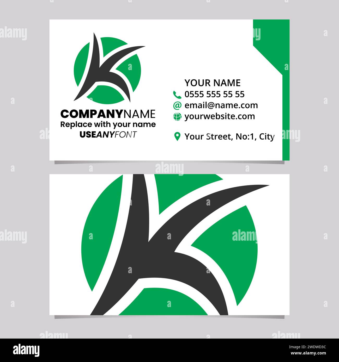Green and Black Business Card Template with Round Pointy Letter K Logo Icon Over a Light Grey Background Stock Vector