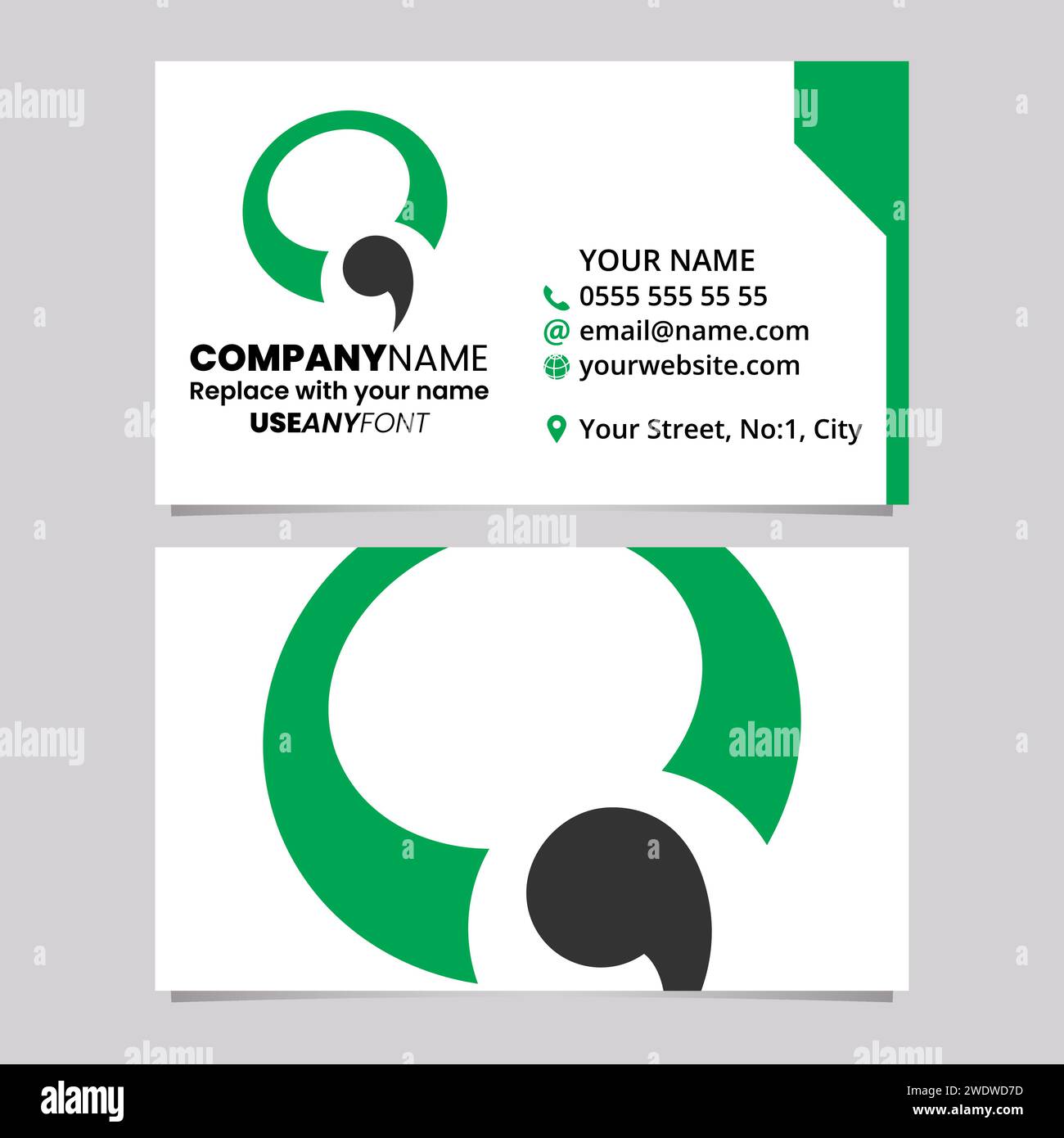 Green and Black Business Card Template with Comma Shaped Letter Q Logo Icon Over a Light Grey Background Stock Vector