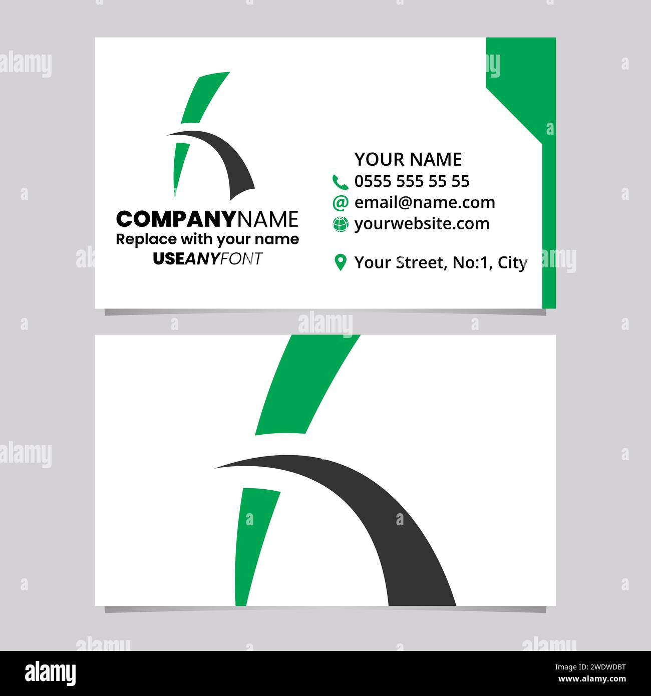 Green and Black Business Card Template with Spiky Lined Letter H Logo Icon Over a Light Grey Background Stock Vector