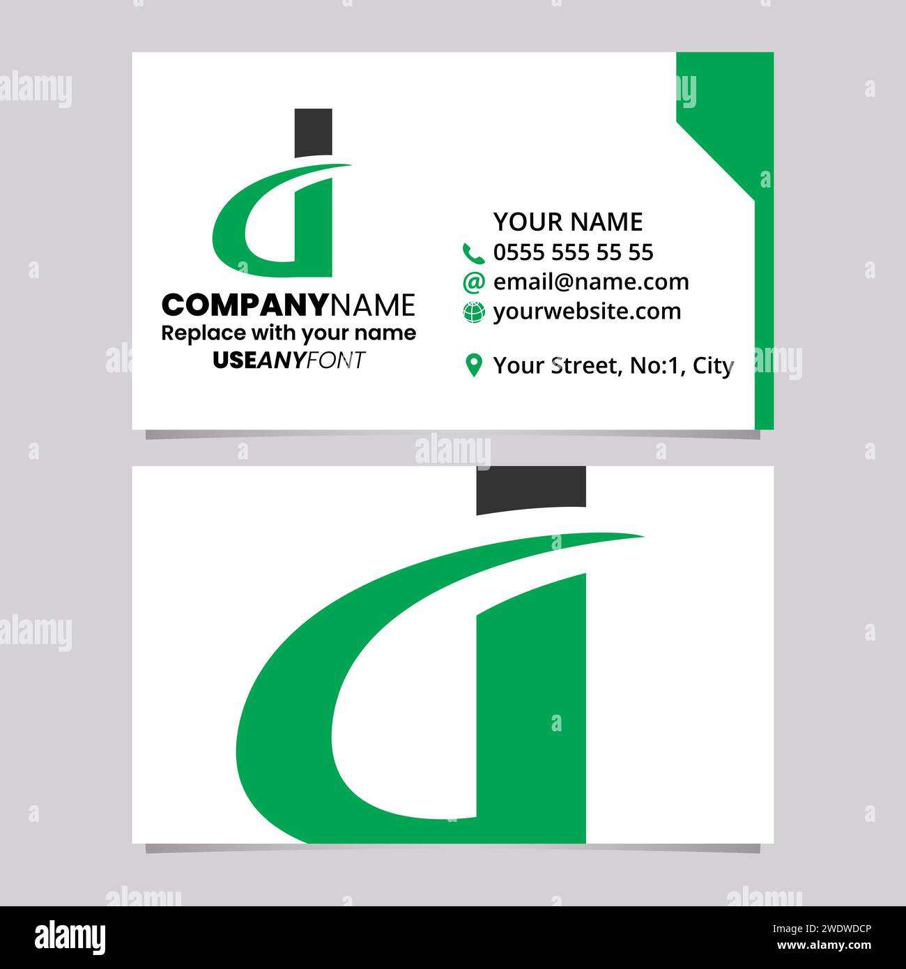 Green and Black Business Card Template with Curvy Pointed Letter D Logo Icon Over a Light Grey Background Stock Vector