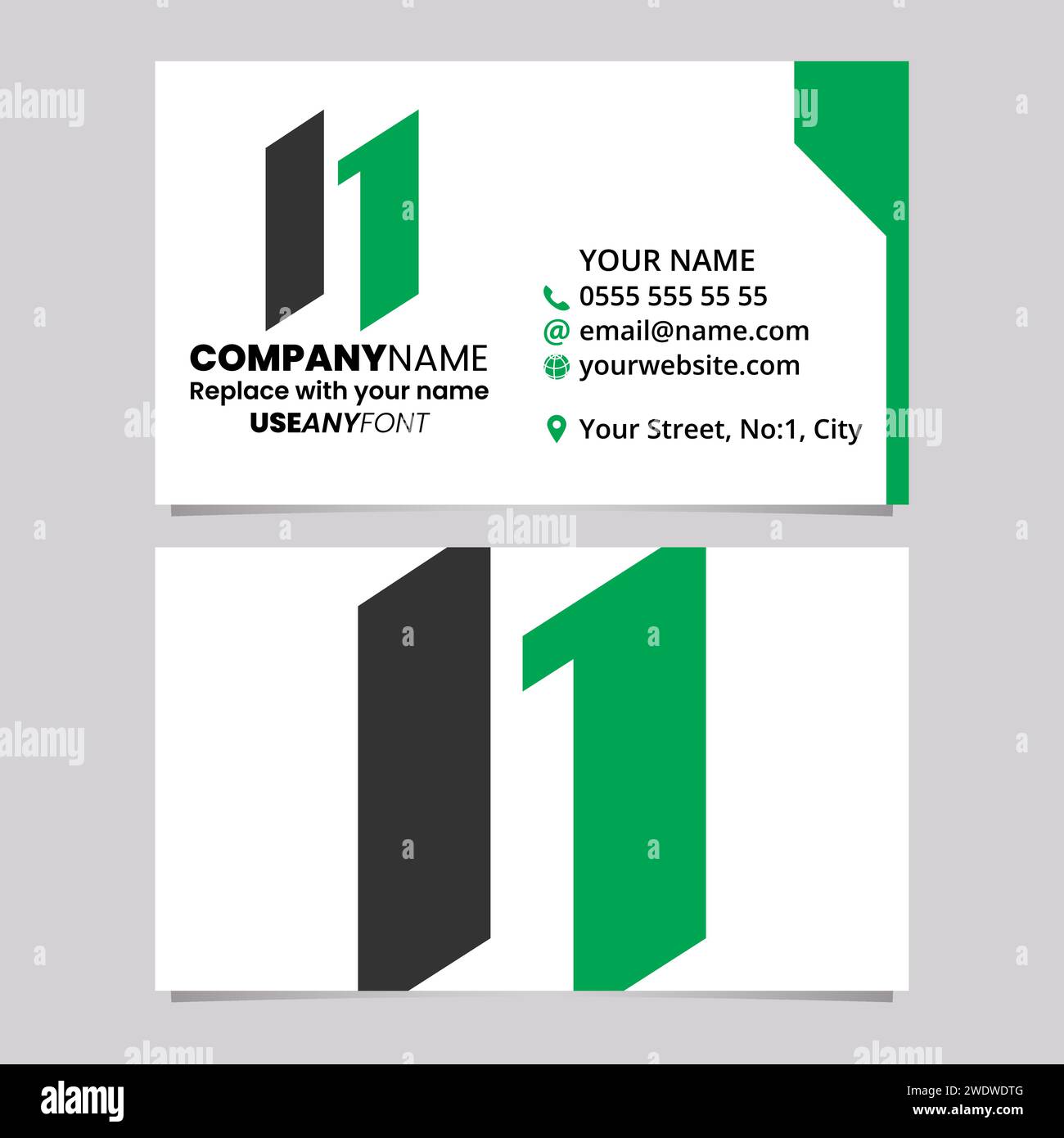 Green and Black Business Card Template with Parallelogram Letter N Logo Icon Over a Light Grey Background Stock Vector