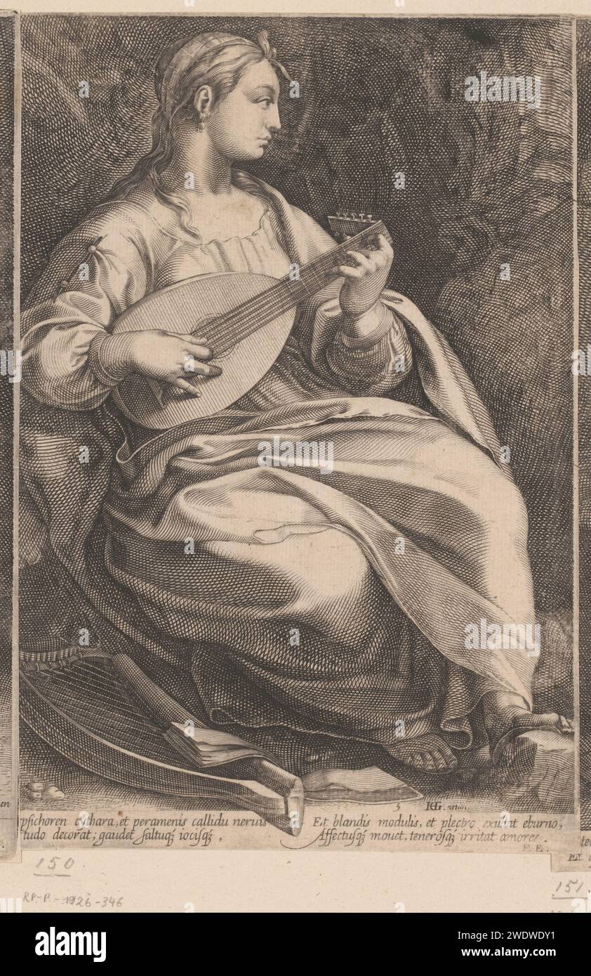 Terpsichore, Charles David, after Hendrick Goltzius, 1605 - 1638 print Numbered at the bottom: 5. print maker: Francepublisher: Paris paper engraving Terpsichore (one of the Muses); 'Terpsicore' (Ripa) Stock Photo
