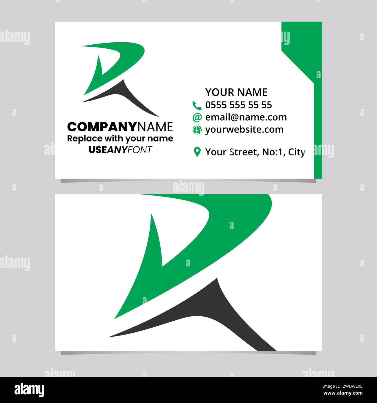 Green and Black Business Card Template with Pointy Tipped Letter R Logo Icon Over a Light Grey Background Stock Vector