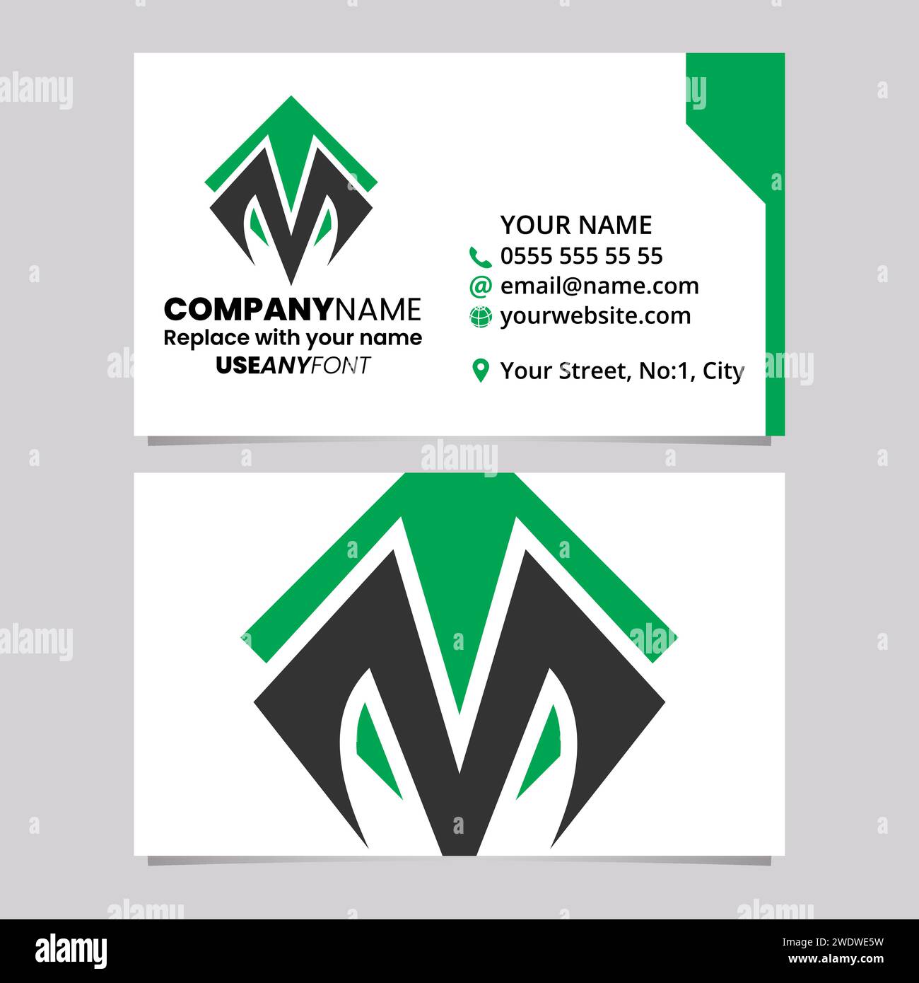 Green and Black Business Card Template with Square Diamond Letter M Logo Icon Over a Light Grey Background Stock Vector