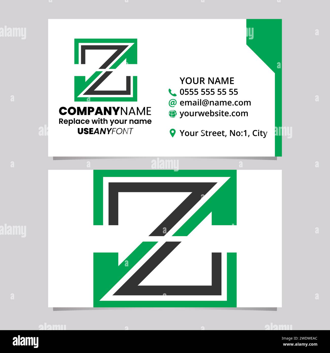 Green and Black Business Card Template with Striped Shaped Letter Z Logo Icon Over a Light Grey Background Stock Vector
