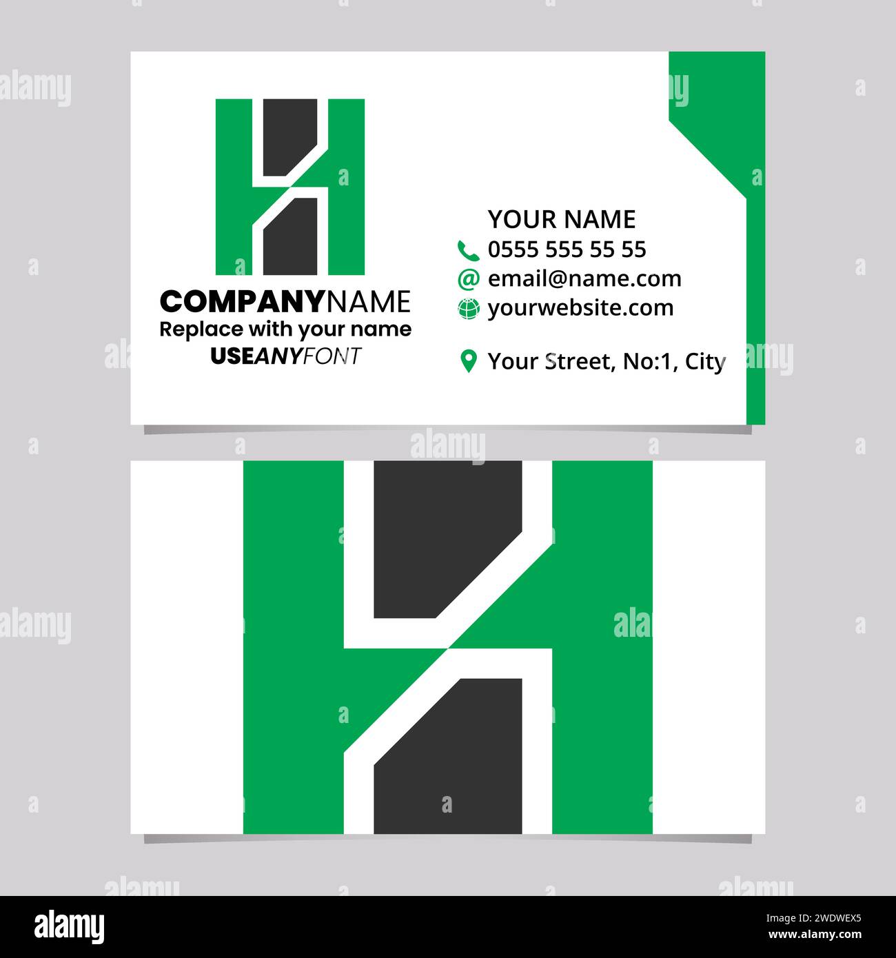 Green and Black Business Card Template with Vertical Rectangle Shaped Letter H Logo Icon Over a Light Grey Background Stock Vector