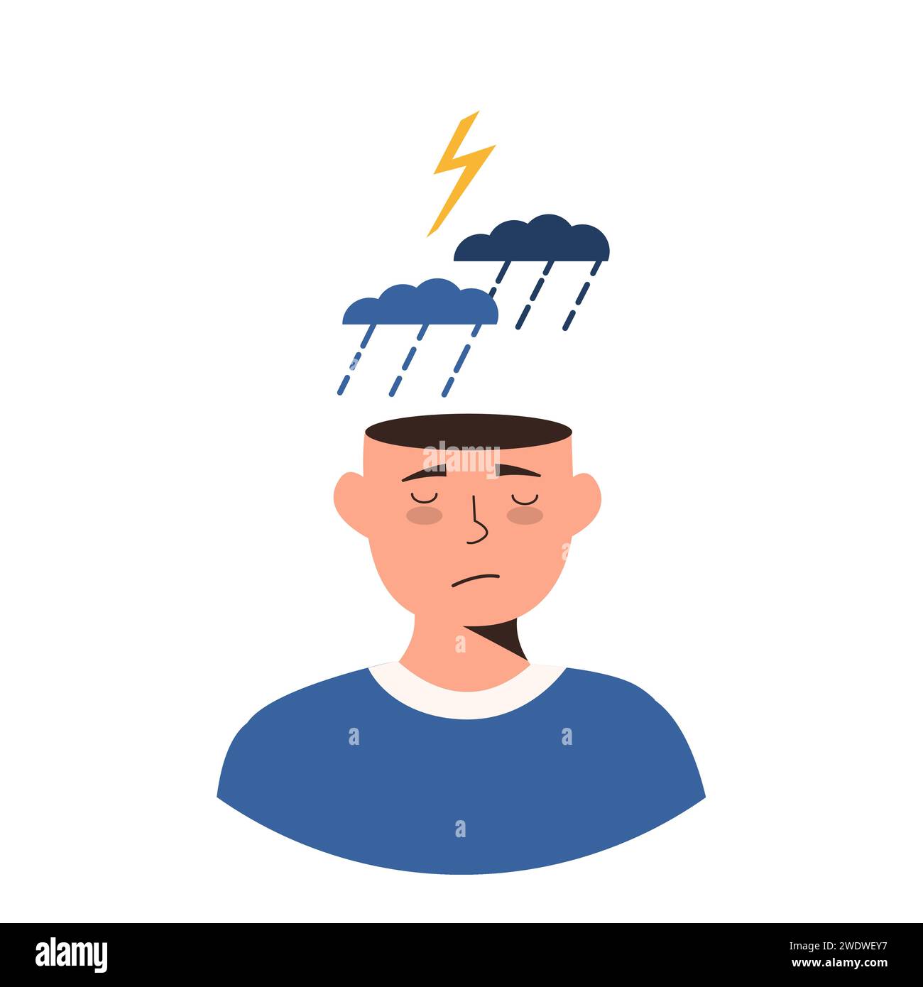 Man in depression concept. Sad and depressed guy under storm cloud, rain and thunderstorm. Upset negative thinking, mental state of mind. Psychologica Stock Vector