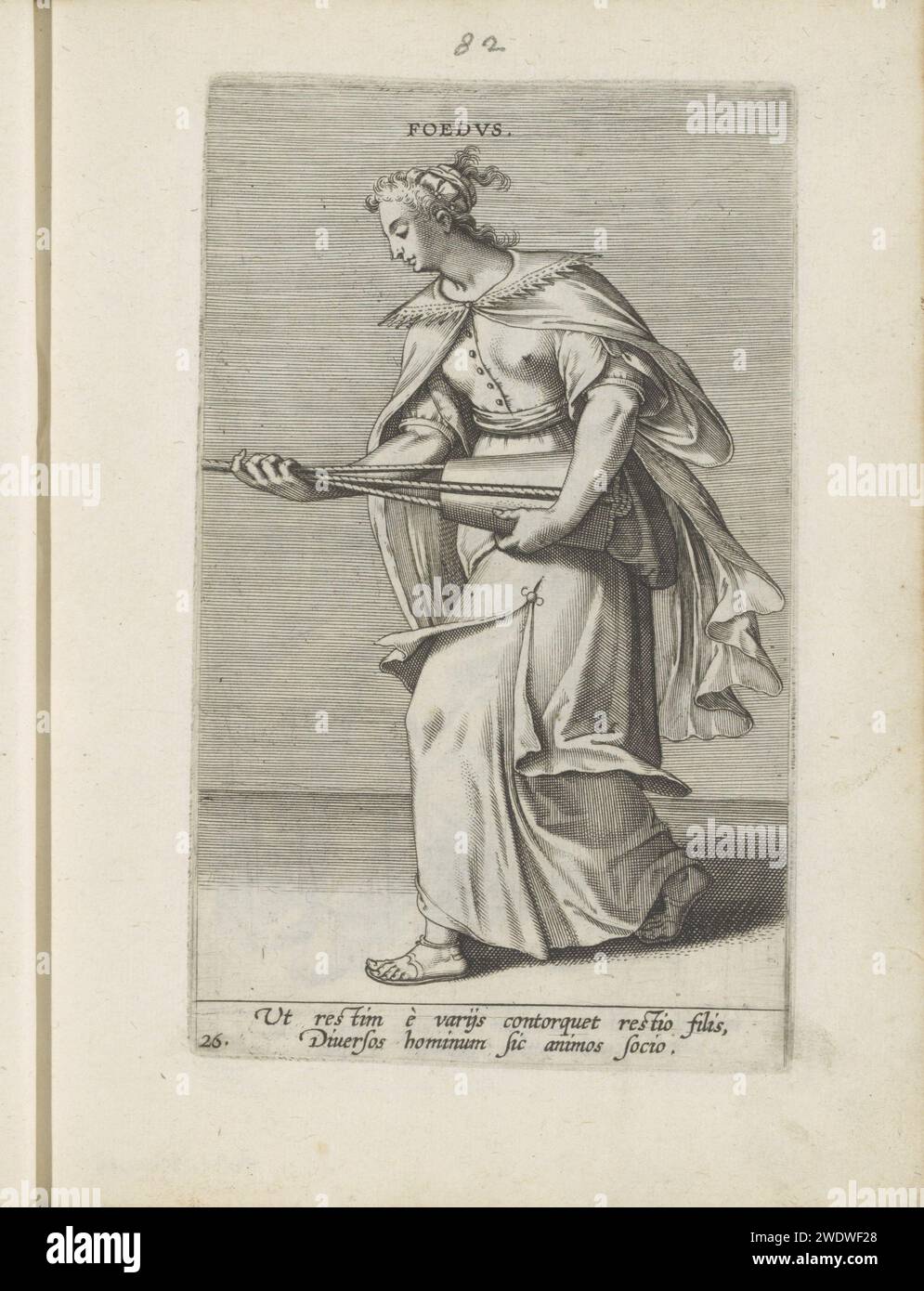 Verbond, Philips Galle, c. 1585 - C. 1590 print Standing woman who corded together with an instrument from the rope shop (twine). Under the show two lines of text in Latin. The print is part of an album. print maker: AntwerpSouthern Netherlands paper engraving alliance, league, union, foedus. twining Stock Photo