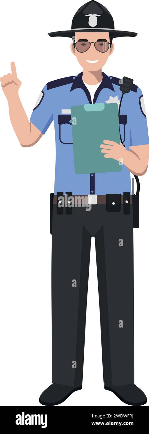 Standing American Policeman Sheriff Officer in Traditional Uniform Character Icon in Flat Style. Stock Vector