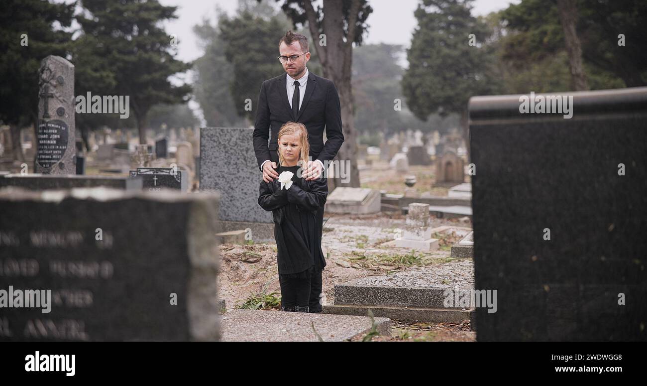 Child, death or father in graveyard for funeral. spiritual service or