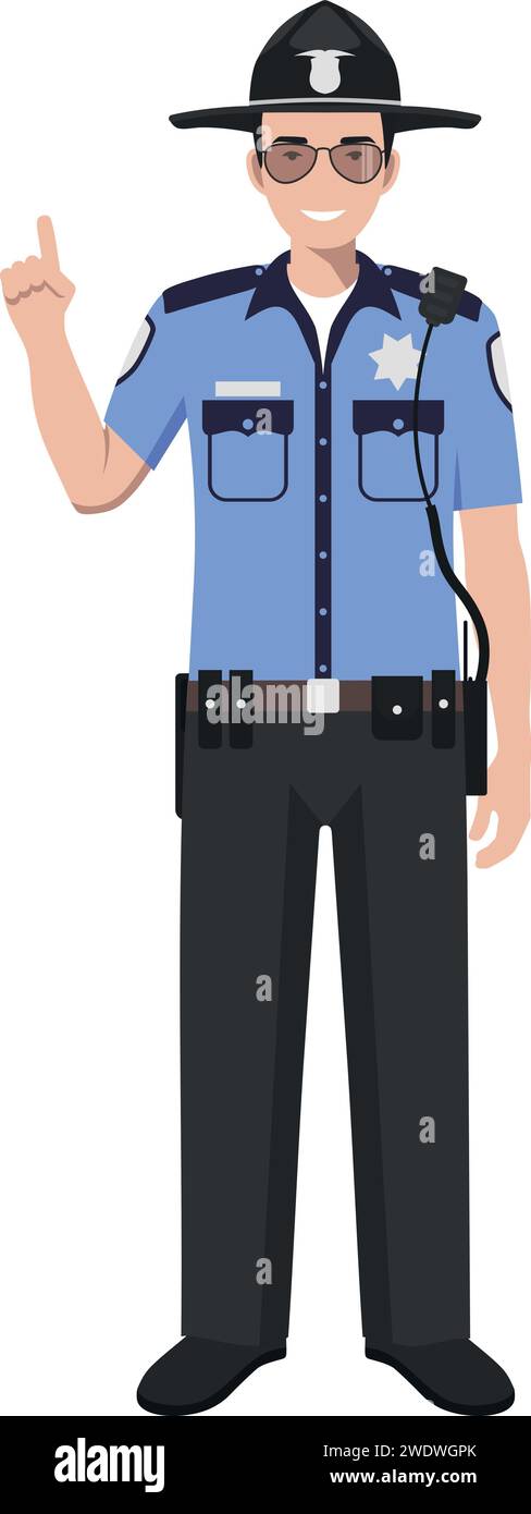 Standing American Policeman Sheriff Officer in Traditional Uniform Character Icon in Flat Style. Stock Vector