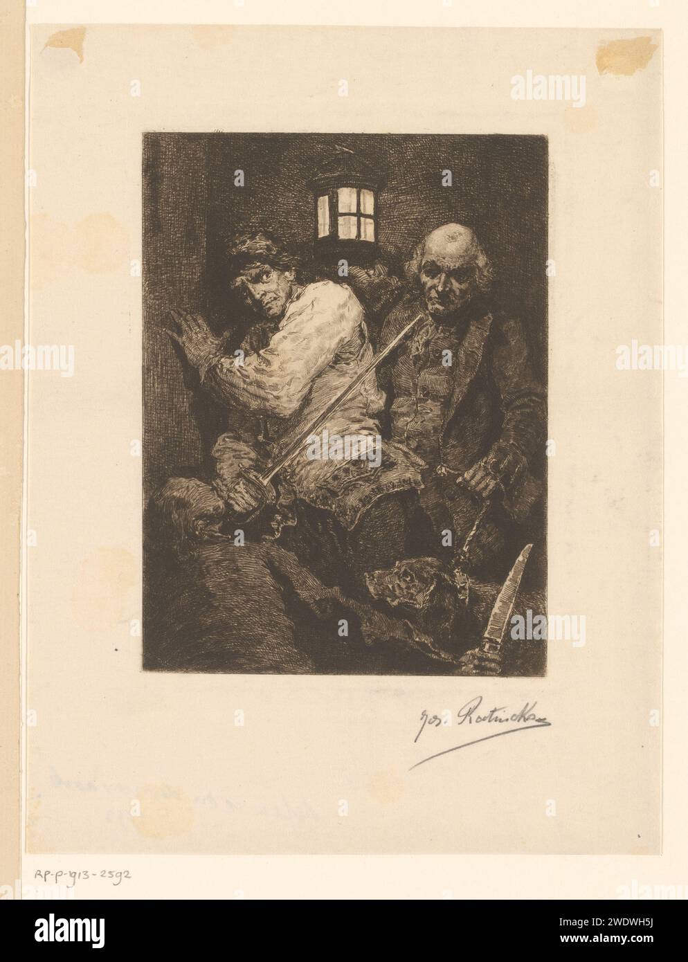 Man defends himself with a sword opposite a man with lantern and dog