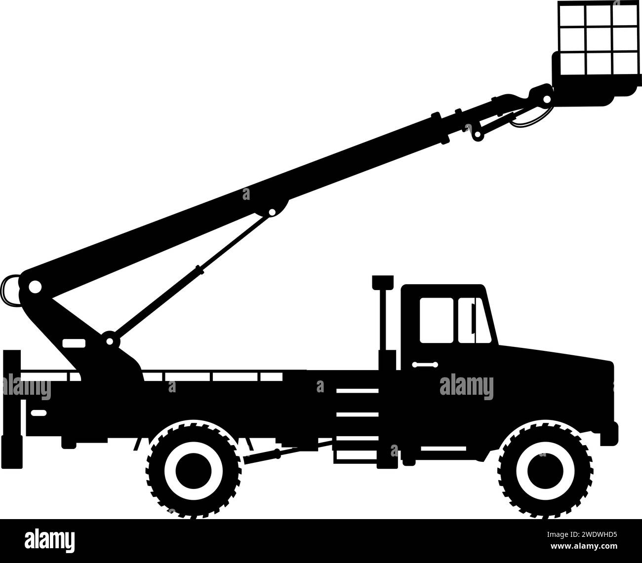 Silhouette of Aerial Work Platform Bucket Truck Icon in Flat Style