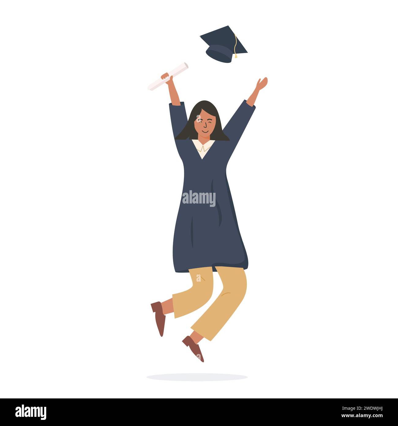 Graduated person celebrating graduation. Happy modern female student joyfully jumping and holding diploma vector illustration. Smiling brown skin asia Stock Vector