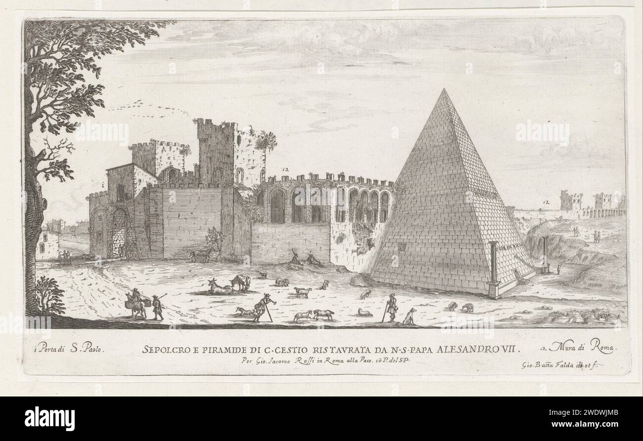 Piramide Van Cestius Te Rome, Giovanni Battista Fonda, 1665 print View of the pyramid of Cestius, the Aurelian wall and the Porta San Paolo in Rome. Explanatory songs in the lower margin. The print is part of an album. print maker: Romeafter own design by: Romepublisher: RomeVaticaanstadItalyRome paper etching pyramid (historical grave form). city-view, and landscape with man-made constructions. landscape with ruins. city-gate Pyramid of Cestius. Aurelian wall. Porta San Paolo Stock Photo
