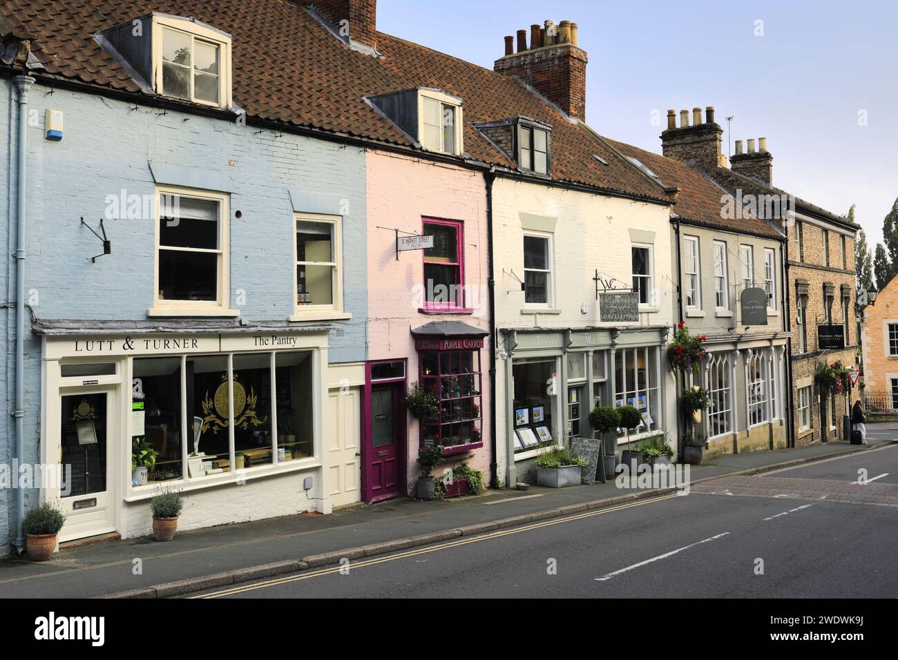 Shops along Market Street, Malton town, North Yorkshire, England Stock