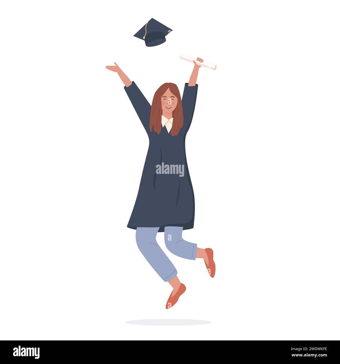 Happy female student joyfully jumping and holding diploma vector flat illustration. Smiling woman wearing robe and cap isolated on white background. G Stock Vector