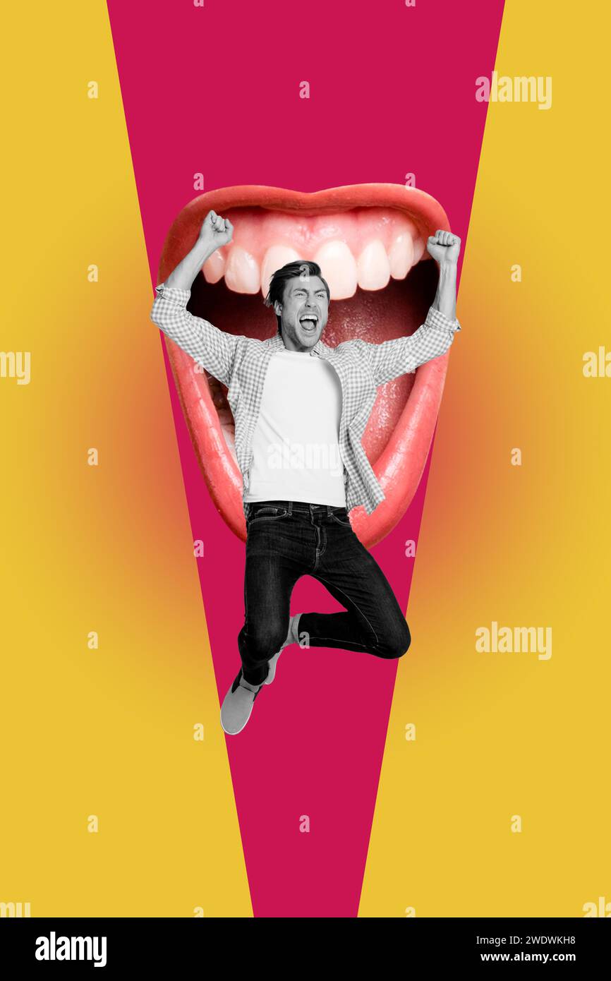 Vertical funny photo collage of jumping high crazy young overjoyed guy