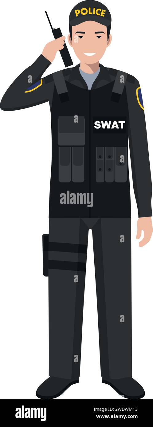 Standing SWAT Policeman Officer with Walkie-Talkie Traditional Uniform Character Icon in Flat Style. Stock Vector