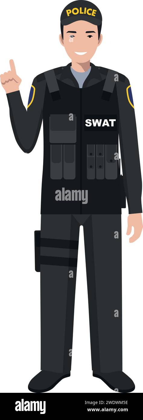 Standing SWAT Policeman Officer in Traditional Uniform Character Icon in Flat Style. Stock Vector