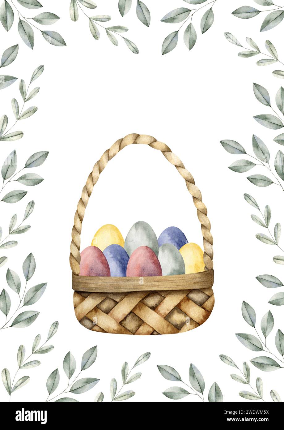 Hand-drawn watercolor illustration with easter basket and eggs ...