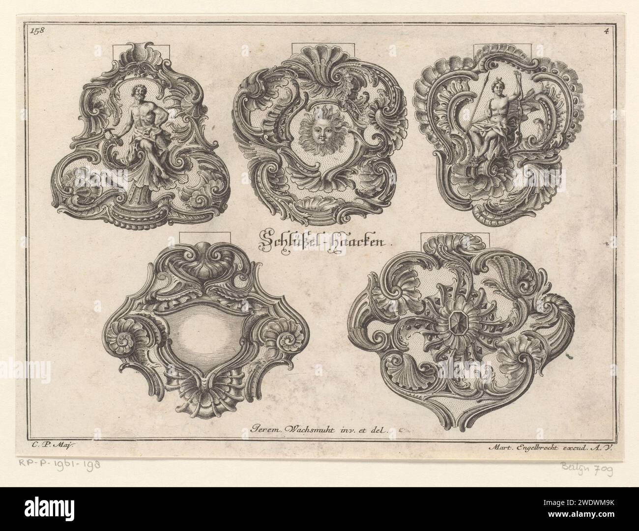 Sleutelhaken, anonymous, after Jeremias Wachsmuth, 1721 - 1756 print Five ornamented key hooks. At the top left with Vulcanus, in the top of the top with the sun at the top right with Diana. Print number 158. Augsburg paper etching (story of) Vulcan (Hephaestus). sun represented as face, wheel, etc.. (story of) Diana (Artemis) Stock Photo