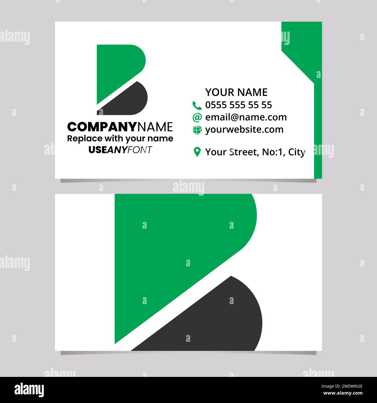 Green and Black Business Card Template with Bold Letter B Logo Icon Over a Light Grey Background Stock Vector