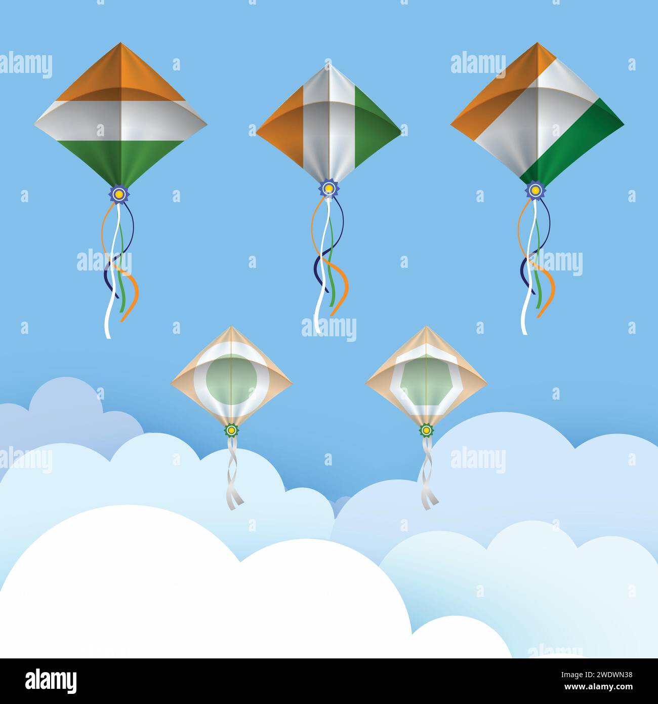 Celebrate Uttarayana with this vibrant vector! It features five kites, each a symbol of aspiration and harmony, dancing amidst fluffy clouds against a Stock Vector