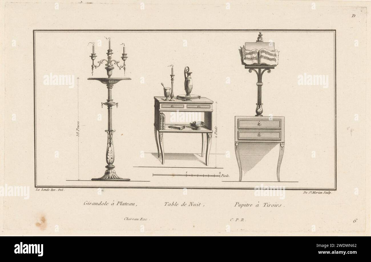 Girandole, bedside table and music stand, the Saint -Morien, After Richard de Lalonde, 1784 - 1785 print On the left a three -armed girandole on a high standard. In the middle a bedside table with two drawers and a shelf, with a jug, candlestick, books and a bowl. On the right a music standard on a chest of drawers with two drawers. Paris paper etching chandelier, candelabrum. table. accessories ~ music: metronome, music-stand, tuning-fork, etc. Stock Photo