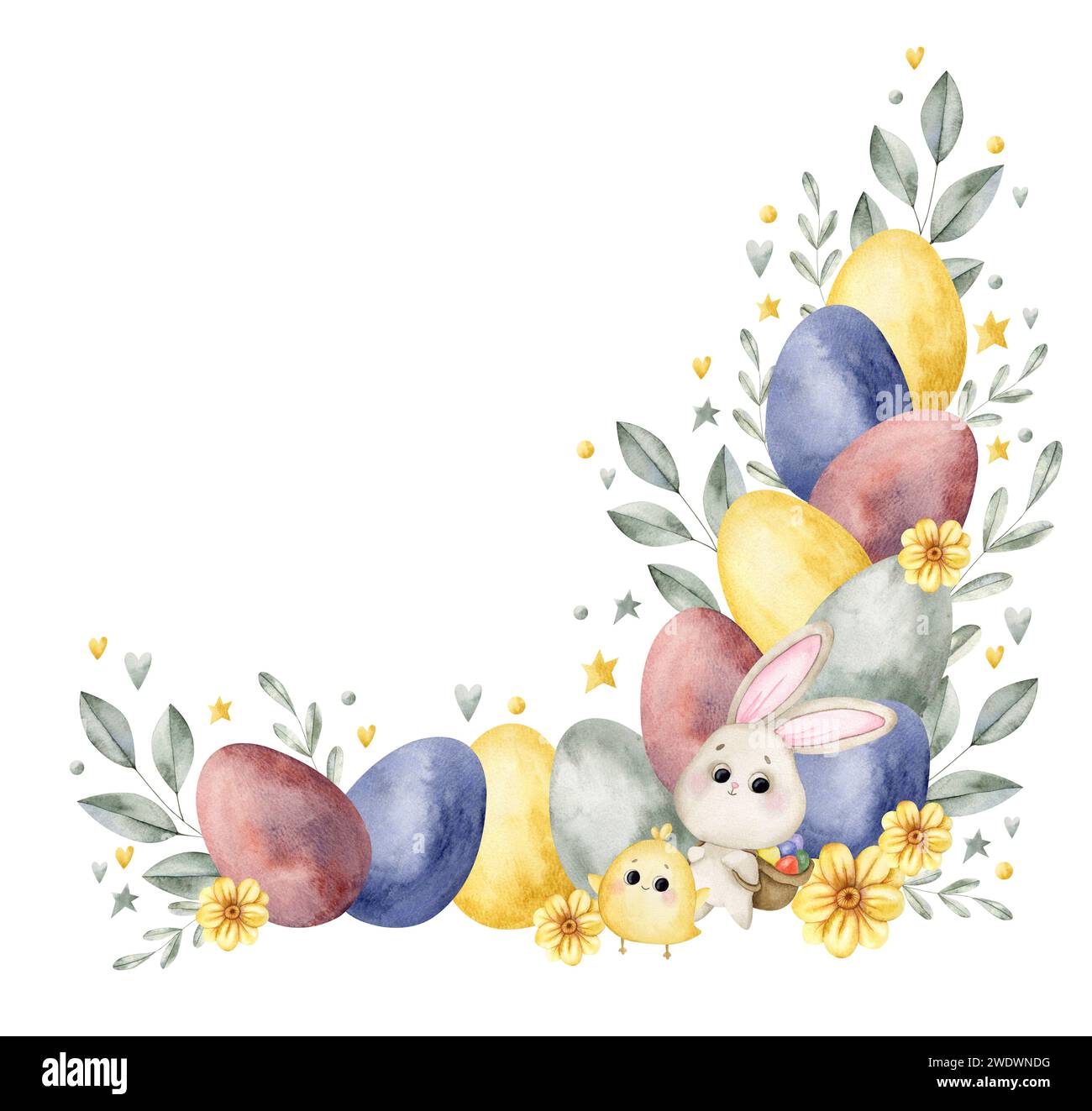 Hand-drawn watercolor illustration with easter bunny, chicken and eggs ...