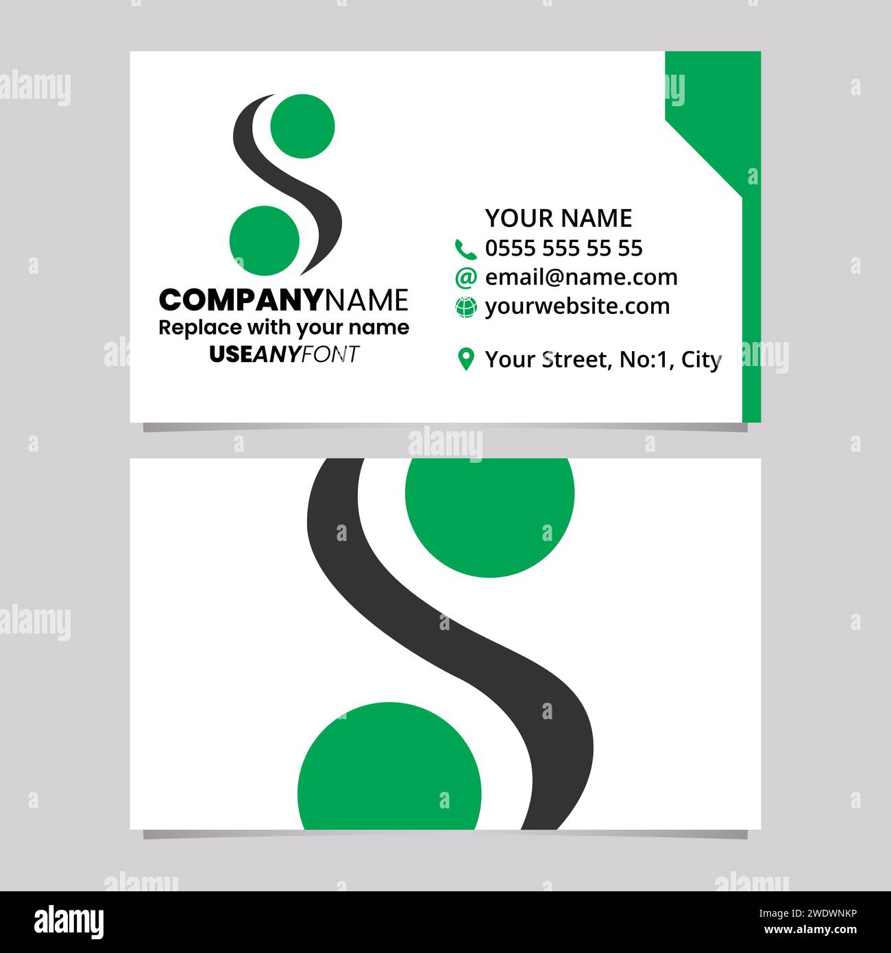 Green and Black Business Card Template with Curvy Sphere Shaped Letter S Logo Icon Over a Light Grey Background Stock Vector