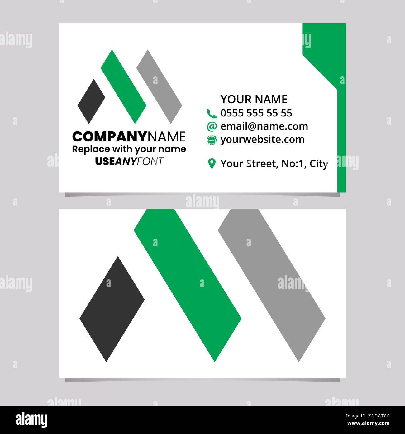 Green and Black Business Card Template with Rectangle Letter M Logo Icon Over a Light Grey Background Stock Vector