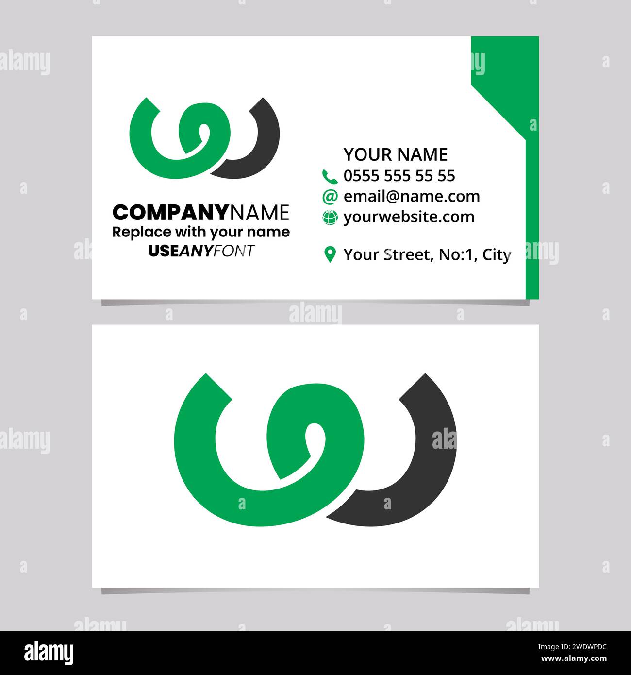 Green and Black Business Card Template with Spring Shaped Letter W Logo Icon Over a Light Grey Background Stock Vector