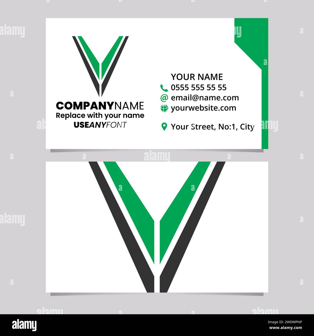 Green and Black Business Card Template with Striped Shaped Letter V Logo Icon Over a Light Grey Background Stock Vector