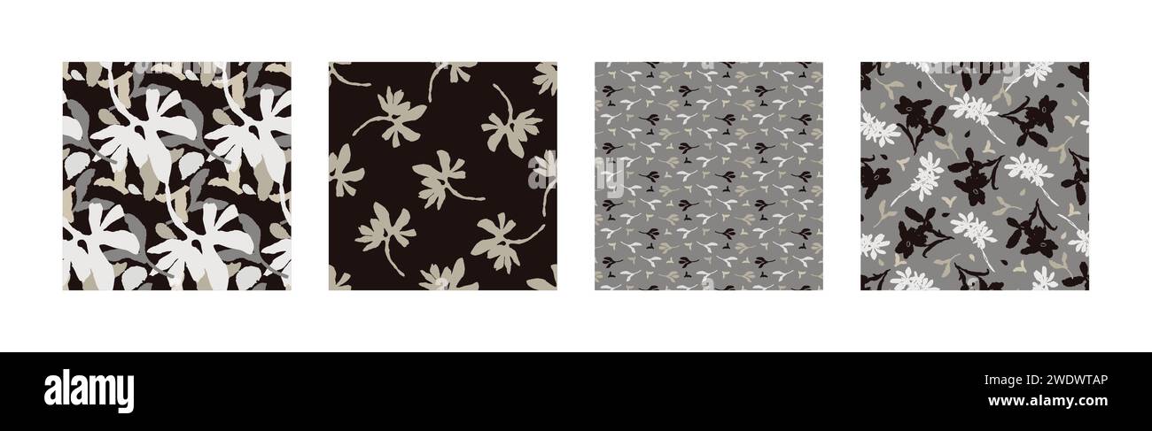 Masculine vector floral pattern with organic botanical shapes. Modern bold black white flower print, design in neutral scandi style. Stock Vector