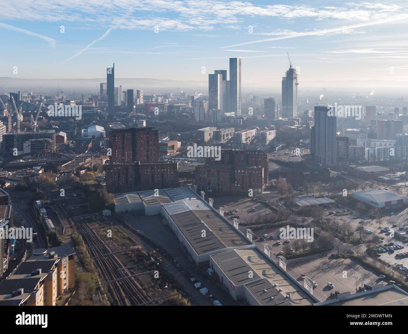 Aerial photo of Manchester city centre, UK on a winter morning showing