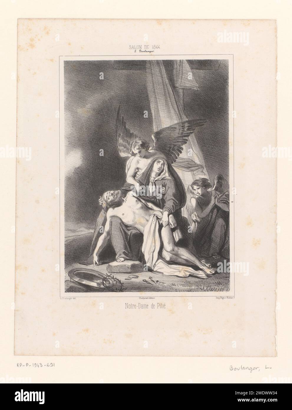 Piëta, Louis Boulanger, 1844 print  Paris paper  the dead Christ in Mary's lap (+ angel(s)) Stock Photo