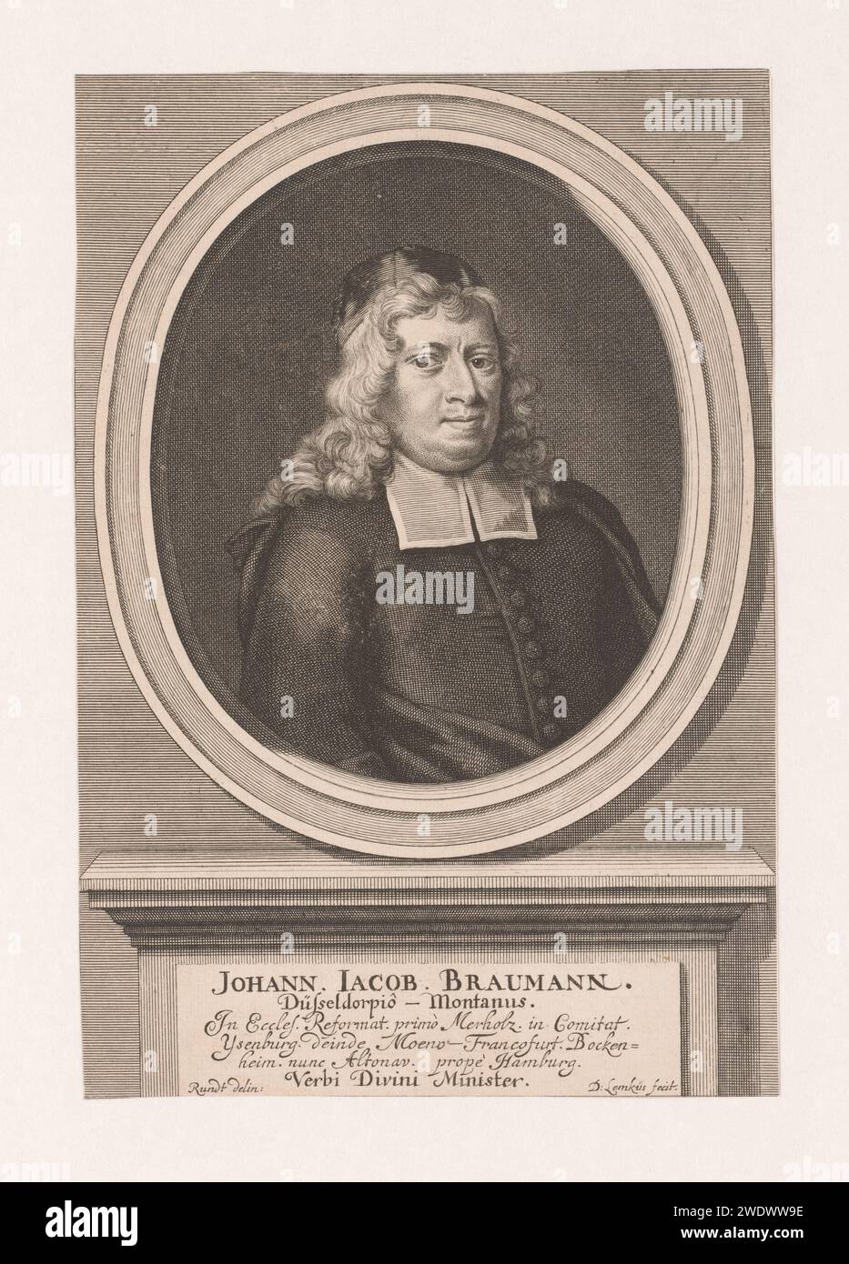 Portrait van Johann Jacob Braumann, Diederich Lemkus, After Hans Hinrich Rundt, 1703 - 1730 print Text in Latin on the pedestal.  paper engraving historical persons Stock Photo
