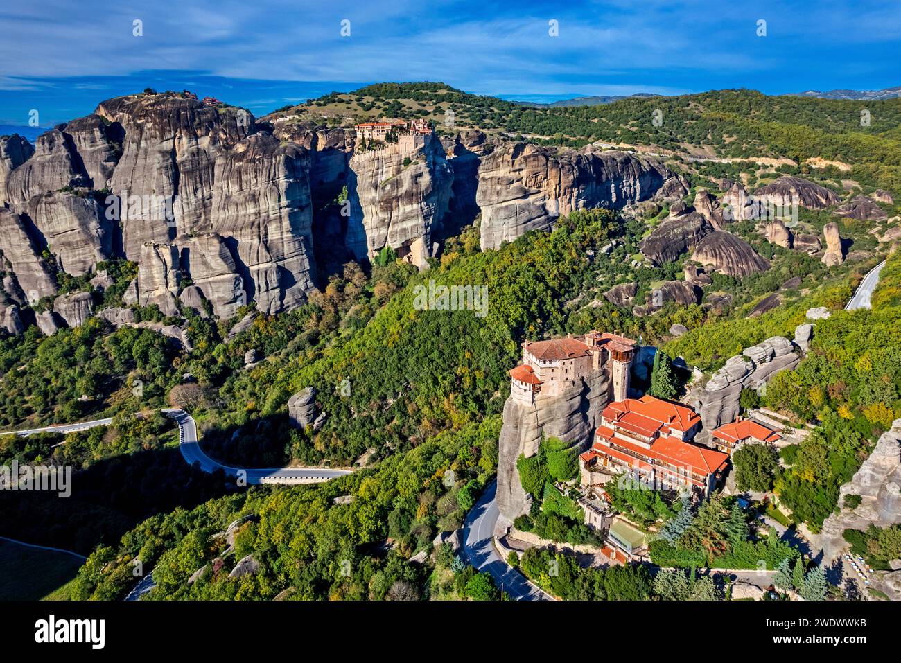 Aerial view of Roussanou monastery (St. Barbara), Meteora, Trikala, Thessaly, Greece. Stock Photo
