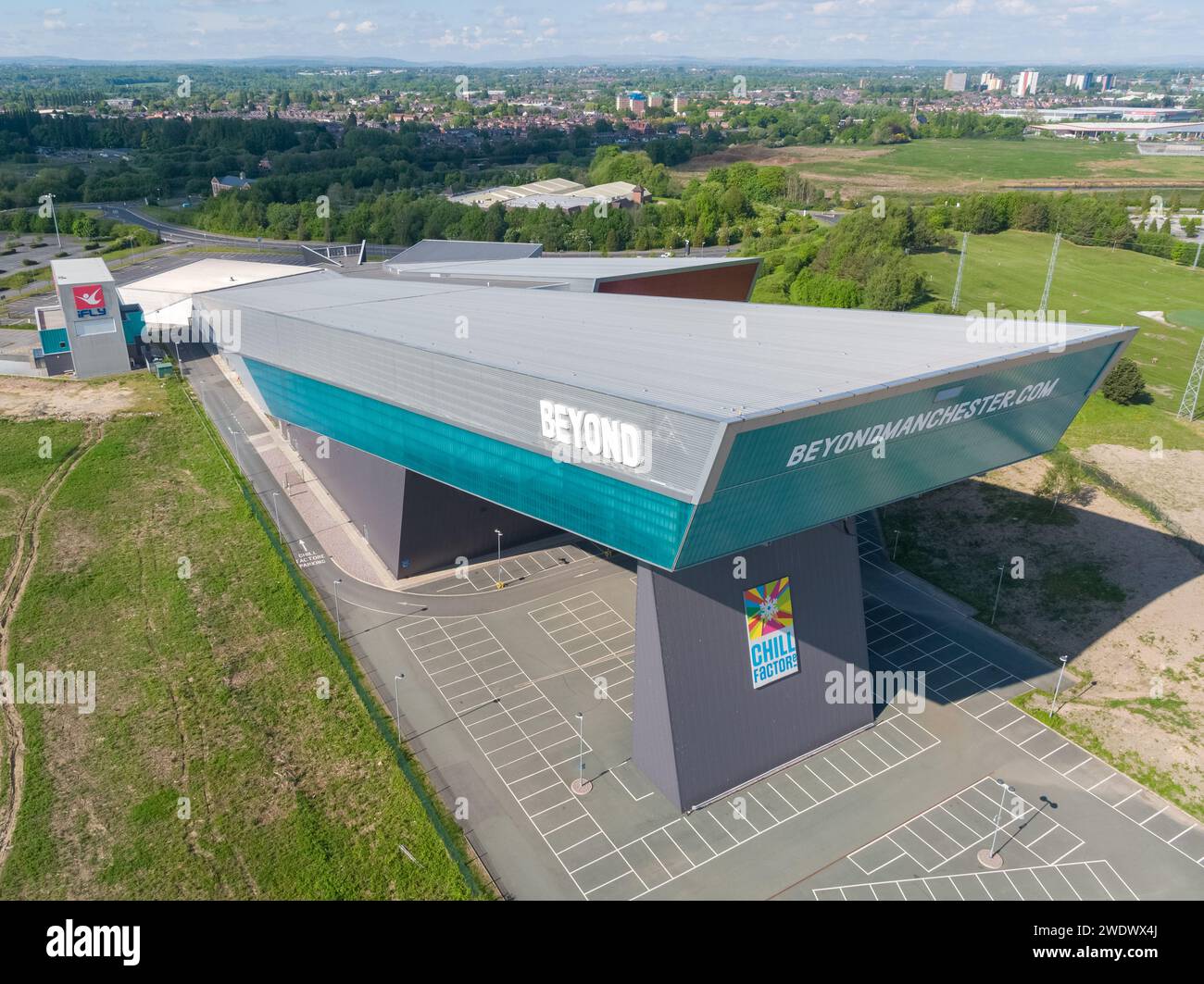 Aerial photograph of the Chill Factore indoor ski / snowboard slope at Beyond, TraffordCity / Trafford Centre, Manchester, UK Stock Photo