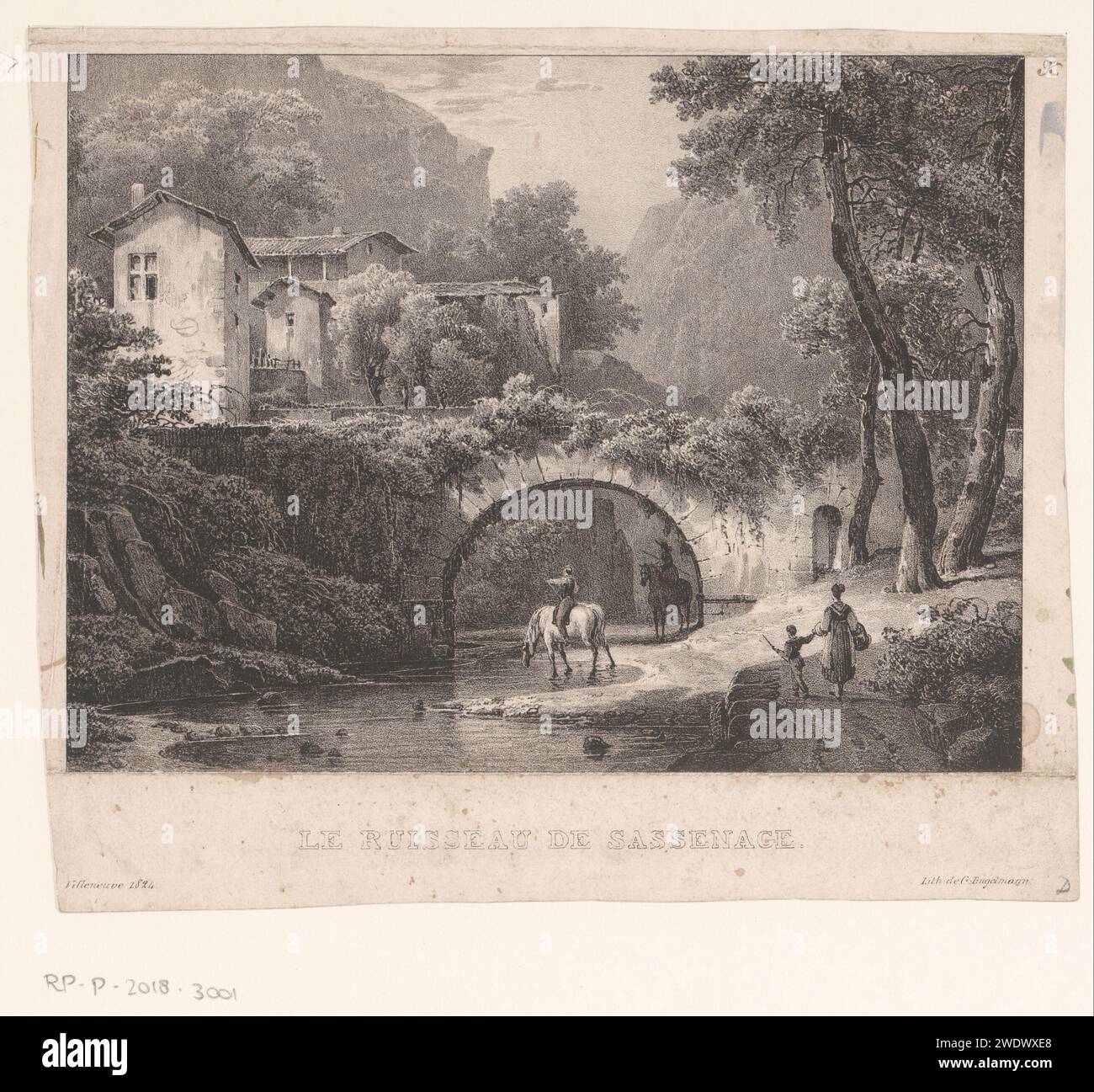 View of a stone bridge in the village of Sassenage, Isodore -Laurent Deroy, 1822 - 1856 print  Paris paper  bridge in village across river, canal, etc. Sassenage Stock Photo