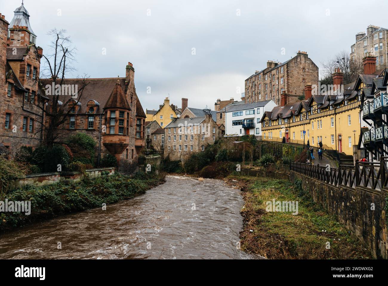 Edinburgh, UK - December 5, 2023: Scenic view of Dean Village and Water of Leith river Stock Photo