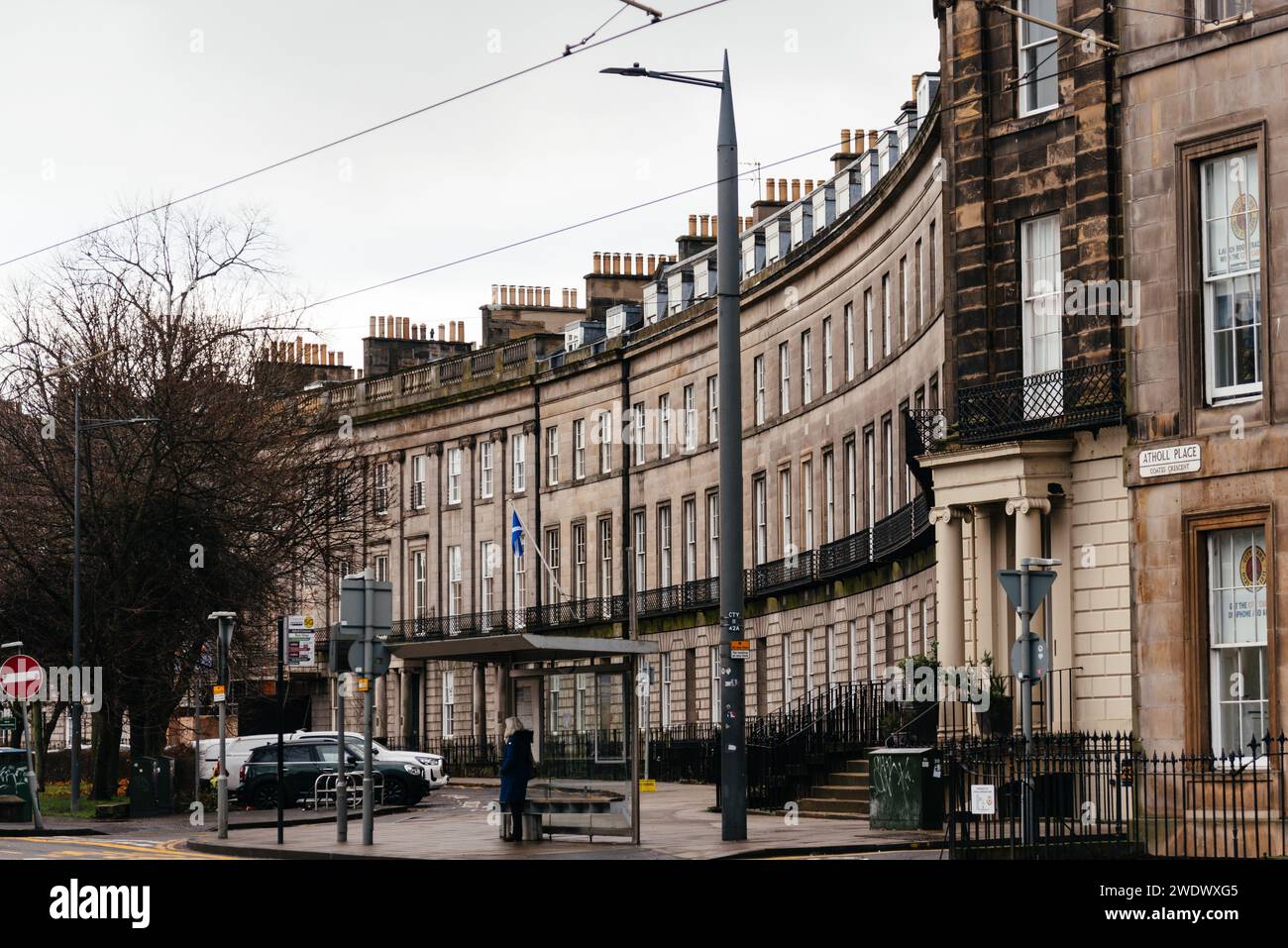 Edinburgh, UK - December 5, 2023: Atholl Cres residential buildings. Cloudy day Stock Photo