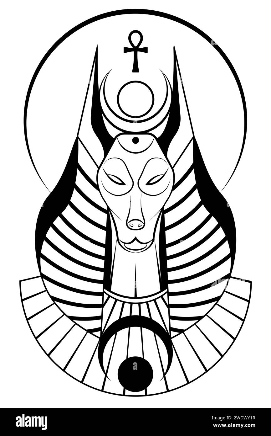 Portrait of Ancient Egyptian god Anubis. Deity with canine head. God of death logo tattoo. Ancient Egyptian God in black and white style vector Stock Vector