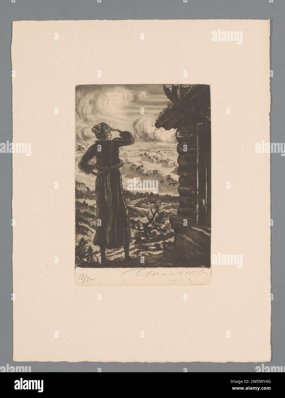 Woman at a log cabin on the mountain landscape, Alois Kolb, 1885 - 1924 print   paper etching / drypoint mountains. log-cabin. looking with the hand above the eyes Stock Photo
