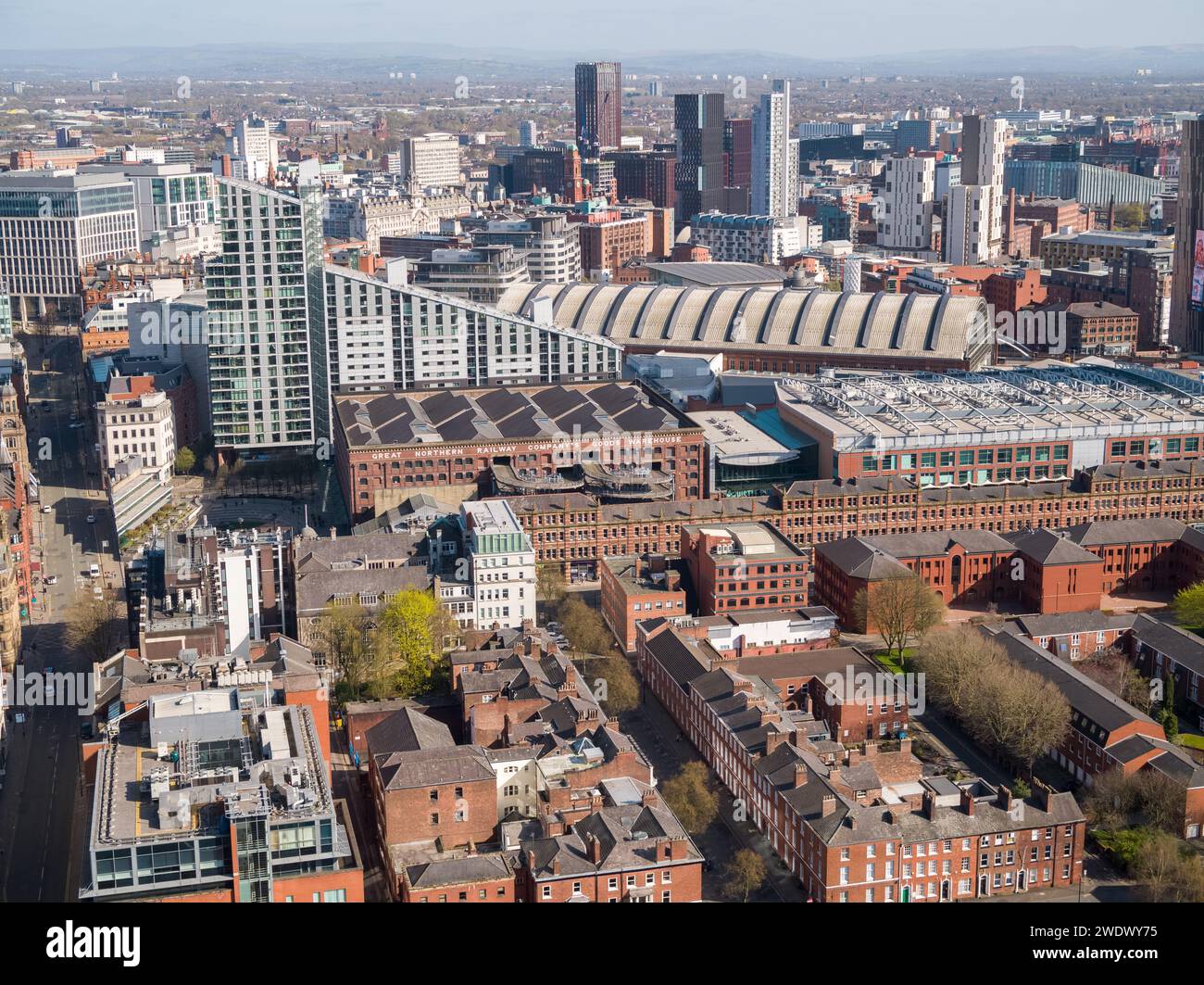 Aerial photograph of the St Johns area with Great Northern Warehouse, Manchester Central, Great North Tower and Manchester city centre, UK Stock Photo