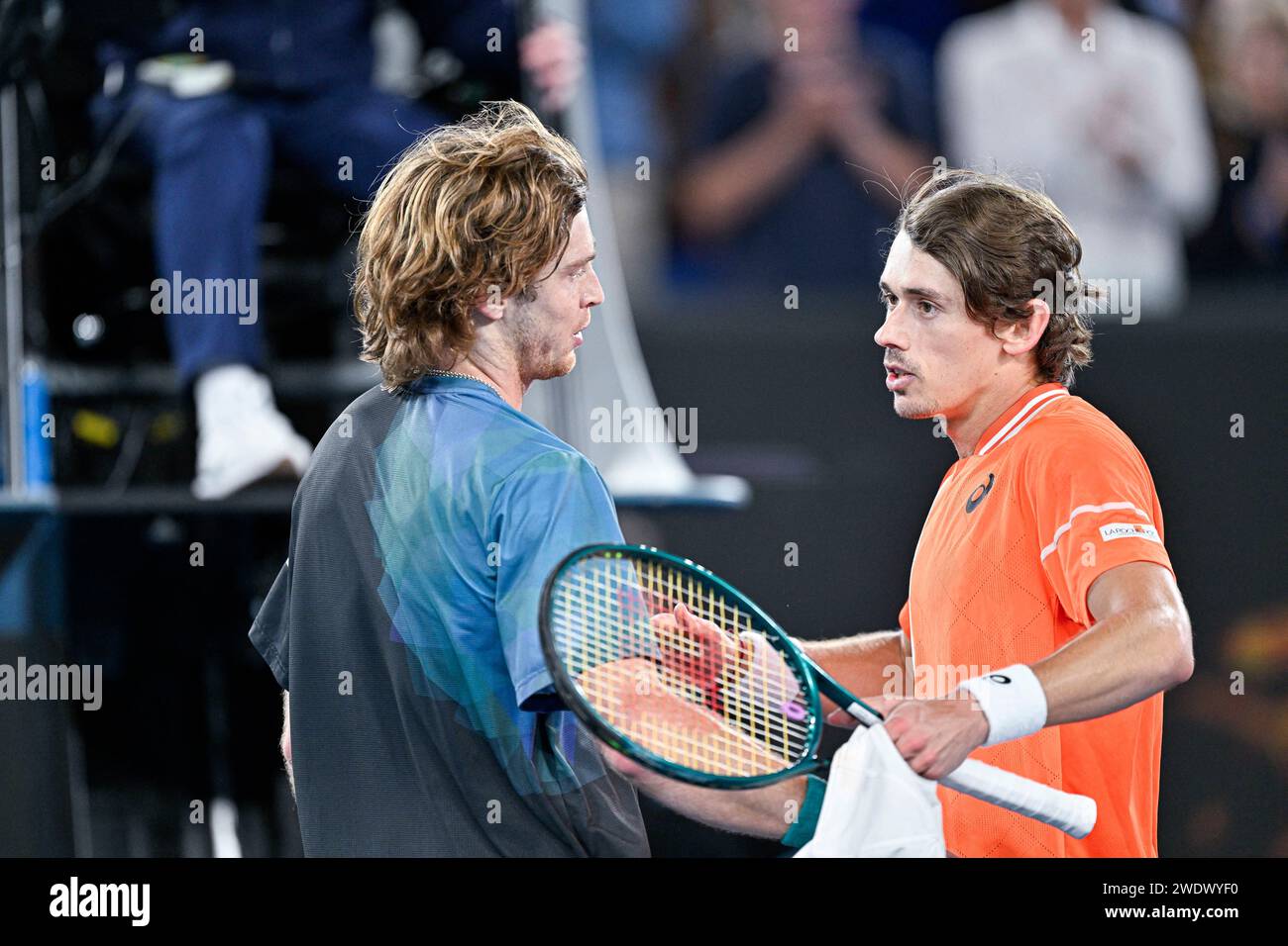 Melbourne, Australia. 21st Jan, 2024. Andrey Rublev and Alex de Minaur