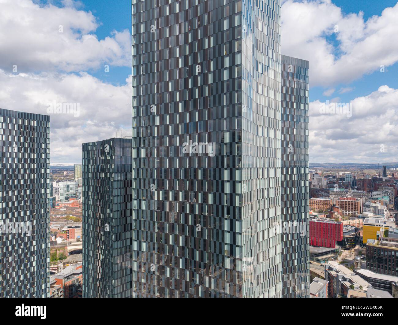 Aerial photograph of the higher levels of Deansgate Square residential apartment towers in Manchester city centre, UK on a sunny day Stock Photo