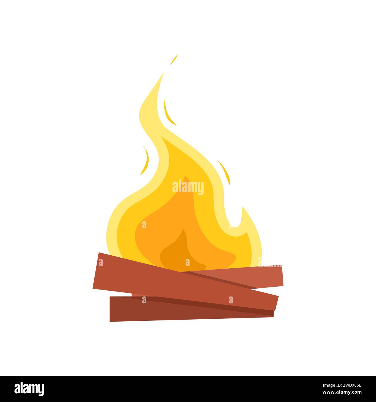 Burning campfire or bonfire on wooden logs isolated on white background. Design element of flame on firewood. Orange cartoon blaze. Colorful flat vect Stock Vector